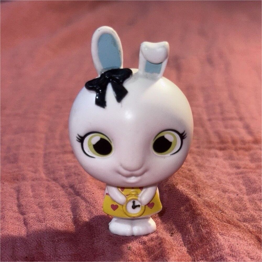 Mini White Rabbit Figurine 3in Plastic Yellow Outfit Black Bow Collectible